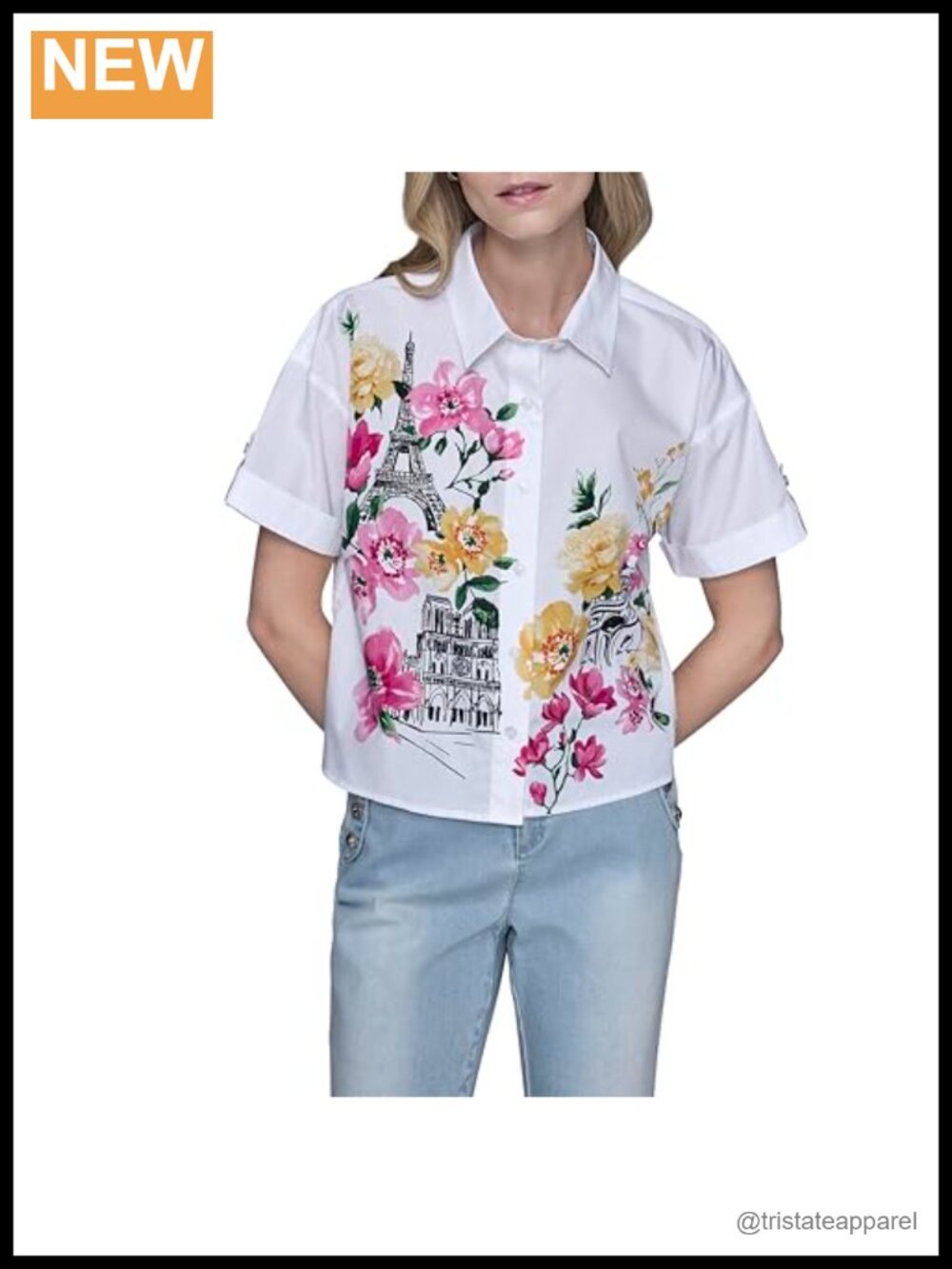 Floral Print Blouse Relaxed Fit 100% Cotton Crew Neck Cap Sleeve
